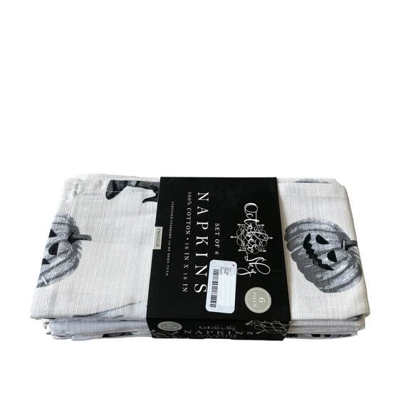 Halloween Ghost Pumpkin Cotton Napkins Set of 6 White Black Gray Spooky NEW - Picture 4 of 12